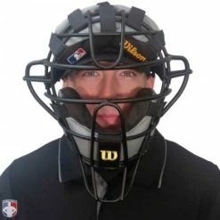 Wilson Umpire Gear Wilson MLB Black Dyna-Lite Aluminum Umpire Mask With Black And Grey Wrap Around -Cheap Bats Store A3009 AL BK GY Worn Front with Black Shirt
