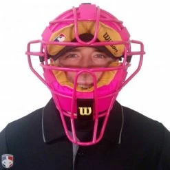 Wilson Umpire Gear Wilson MLB Pink Dyna-Lite Steel Umpire Mask With Pink And Tan -Cheap Bats Store A3009 PK TN Worn Front 1