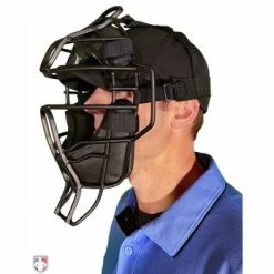 Diamond Umpire Gear Diamond Matte Black Big League Aluminum Umpire Mask With Leather -Cheap Bats Store DFM BL Diamond Big League Aluminum Umpire Mask with Leather Worn Front Angled View