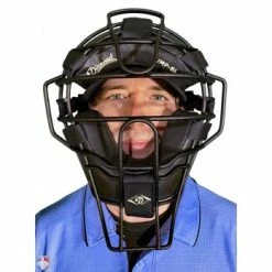Diamond Umpire Gear Diamond Matte Black Big League Aluminum Umpire Mask With Leather -Cheap Bats Store DFM BL Diamond Big League Aluminum Umpire Mask with Leather Worn Front View
