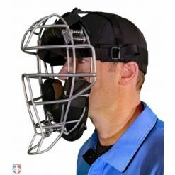 Force3 Umpire Gear Force3 Silver Defender Umpire Mask With Black -Cheap Bats Store F3 DEF SV BK Force3 Silver Defender Umpire Mask with Black Worn Front Angled View