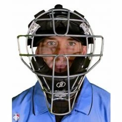 Force3 Umpire Gear Force3 Silver Defender Umpire Mask With Black -Cheap Bats Store F3 DEF SV BK Force3 Silver Defender Umpire Mask with Black Worn Front View