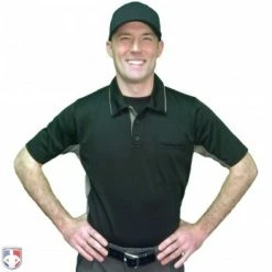 Smitty Umpire Smitty V2 Major League Replica Umpire Shirt - Black With Charcoal Grey -Cheap Bats Store S314 BK Smitty V2 Major League Replica Black with Charcoal Grey Worn Front View