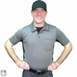 Smitty Umpire Smitty V2 Major League Replica Umpire Shirt - Charcoal Grey With Black -Cheap Bats Store S314 CH Smitty V2 Major League Replica Umpire Shirt Charcoal Grey with Black Worn Front View