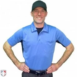 Smitty Umpire Smitty V2 Major League Replica Umpire Shirt - Sky Blue With Black -Cheap Bats Store S314 SB Smitty V2 Major League Replica Umpire Shirt Sky Blue with Black Worn Front