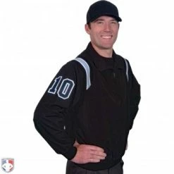 Smitty Umpire Smitty Traditional Half-Zip Umpire Jacket - Black And Powder Blue 8 Smitty Umpire Smitty Traditional Half-Zip Umpire Jacket - Black And Powder Blue -Cheap Bats Store S320 BK PB Smitty Traiditonal Half Zip Umpire Jacket Black with Polo Blue Front Angled View with Black on Light Blue on White Precision Cut Number