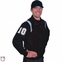Smitty Umpire Smitty Traditional Half-Zip Umpire Jacket - Black And Powder Blue 9 Smitty Umpire Smitty Traditional Half-Zip Umpire Jacket - Black And Powder Blue -Cheap Bats Store S320 BK PB Smitty Traiditonal Half Zip Umpire Jacket Black with Polo Blue Front Angled View with White on Black on White Precision Cut Number