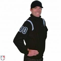 Smitty Umpire Smitty Major League Style Fleece Lined Umpire Jacket - Black And Polo Blue -Cheap Bats Store S330 BK PB Smitty Major League Style Fleece Lined Umpire Jacket Black with Powder Blue Front Angled View with N4 SUB BPBW