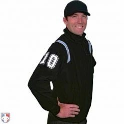 Smitty Umpire Smitty Major League Style Fleece Lined Umpire Jacket - Black And Polo Blue -Cheap Bats Store S330 BK PB Smitty Major League Style Fleece Lined Umpire Jacket Black with Powder Blue Front Angled View with N4 SUB WBW
