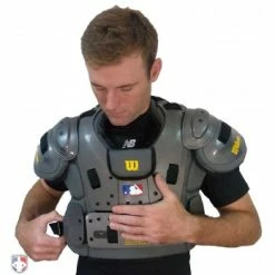 New Balance Referee And Umpire Shoes New Balance Challenger Mock Neck Short Sleeve Compression Shirt -Cheap Bats Store TMMT717 NB Mock chest protetor being strapped on 1